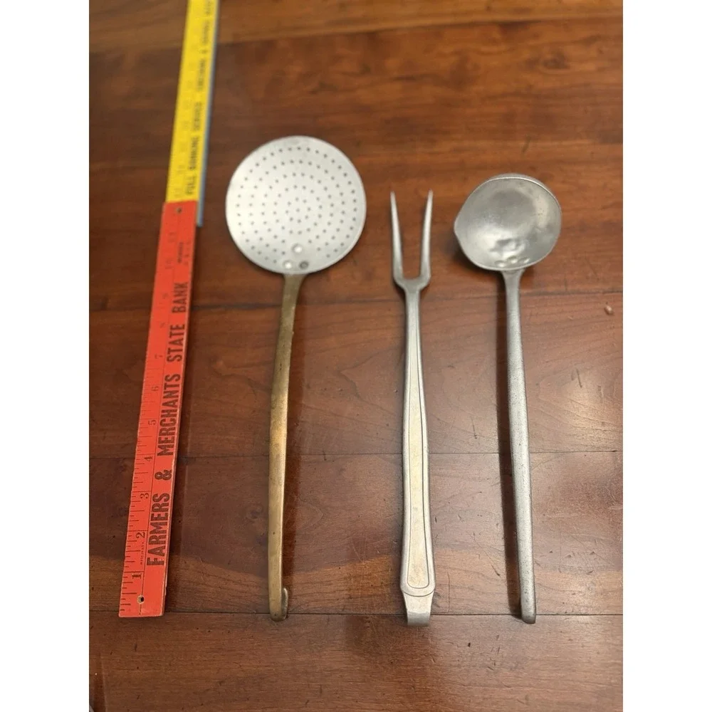 Vintage German Wollmann 3 Pc Kitchen Utensil Set Stainless Fork Ladle Skimmer